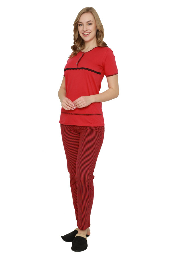 kadın kırmızı renkli  kadın kısa kol pijama takımı - erdeniz 0223 pijama takımı, erdenizpjmtkm0223, bayan pijama takımı, Erdeniz