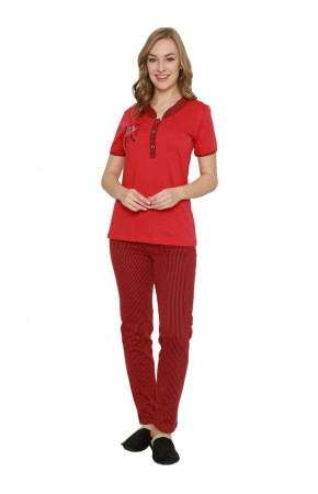 Kadın Kırmızı Renkli  Kadın Kısa Kol Pijama Takımı - Erdeniz 0224 Pijama Takımı