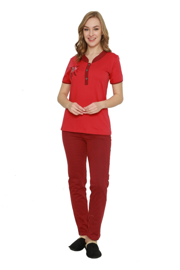 kadın kırmızı renkli  kadın kısa kol pijama takımı - erdeniz 0224 pijama takımı, erdenizpjmtkm0224, bayan pijama takımı, Erdeniz