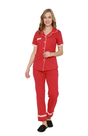 Kadın Kırmızı Renkli  Kadın Kısa Kol Pijama Takımı - Erdeniz 0225 Önden Düğmeli Pijama Takımı