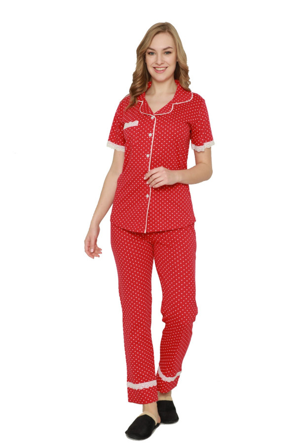 kadın kırmızı renkli  kadın kısa kol pijama takımı - erdeniz 0225 önden düğmeli pijama takımı, erdenizpjmtkm0225, erdeniz pijama takımı