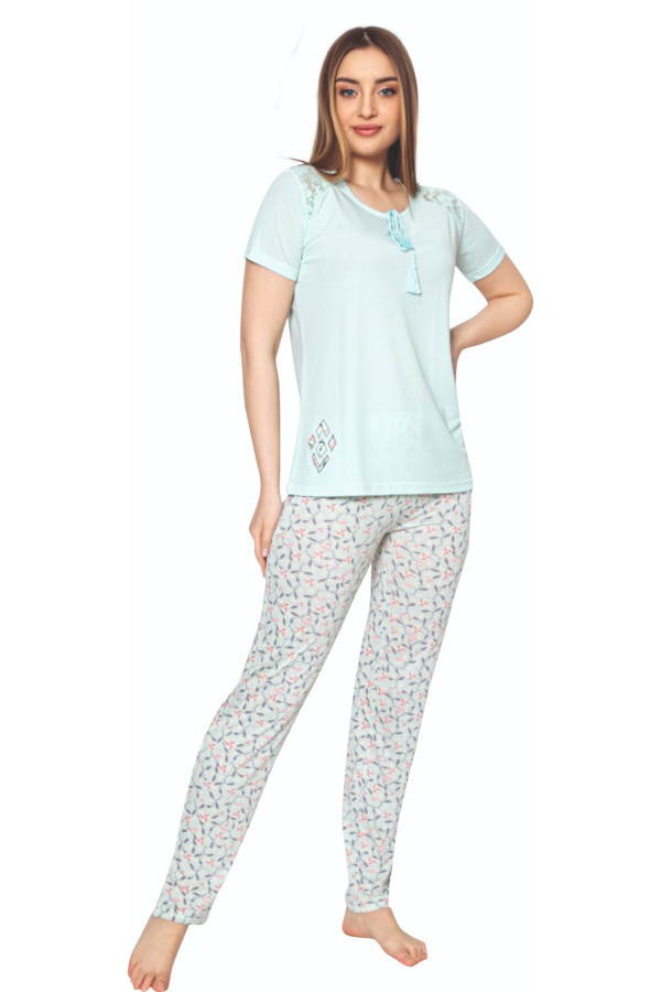 Kadın Yeşil Renkli Kısa Kol Pijama Takımı - Erdeniz 0231 Kısa Kollu Penye Pijama Takımı