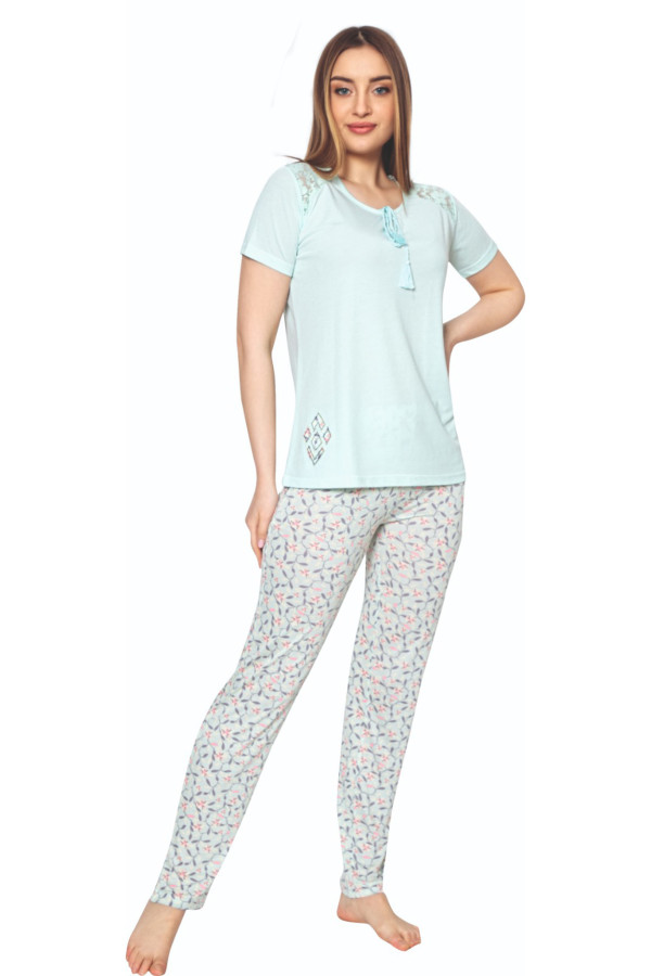 kadın yeşil renkli kısa kol pijama takımı - erdeniz 0231 kısa kollu penye pijama takımı, erdeniz0231pjmtkm, bayan pijama takımı, Erdeniz