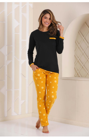 Kadın Sarı - Siyah Renk ve Puantiyeli Kalın Kışlık Kumaş Uzun Kol Blackmore 261 Pijama Takımı