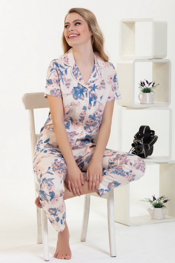 kadın pudra pamuklu önden düğmeli pijama takımı - tuba 1203 kısa kol pijama takımı, tubapjmtkm1203, bayan pijama takımı, Tuba