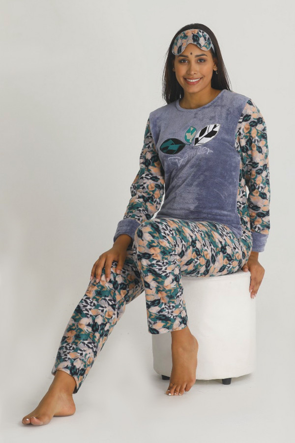 teknur 50414 yeşil renk kedi desenli 2 li welsoft polar kumaş kışlık bayan pijama takımı, teknur-50414, bayan pijama takımı, Teknur