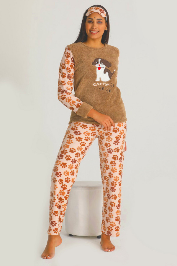 teknur 50418 kahverengi 2 li welsoft polar kumaş kışlık bayan pijama takımı, teknur50418, bayan pijama takımı, Teknur