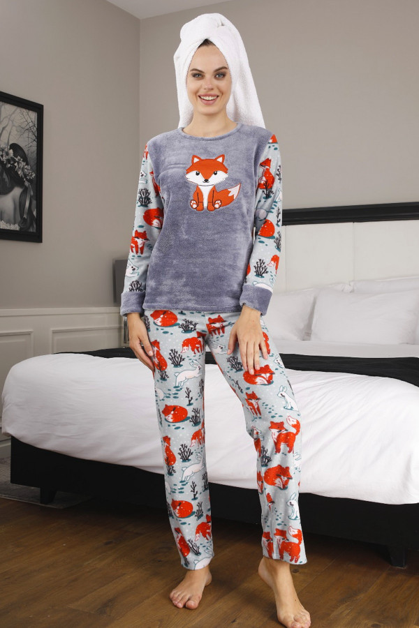 teknur 50449 gri renk tilki desenli 2 li welsoft polar kumaş kışlık bayan pijama takımı, teknur-50449, bayan pijama takımı, Teknur