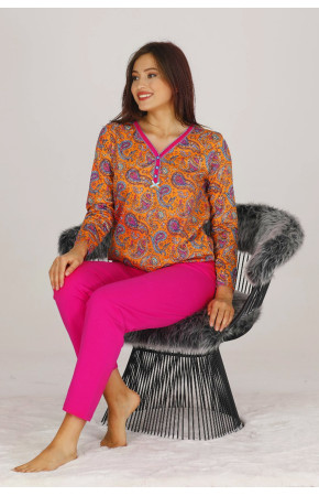 Kadın Pembe Renkli Uzun Kol Modal Kumaş Pijama Takımı - Teknur 70178 Uzun Kollu Modal Pijama Takımı