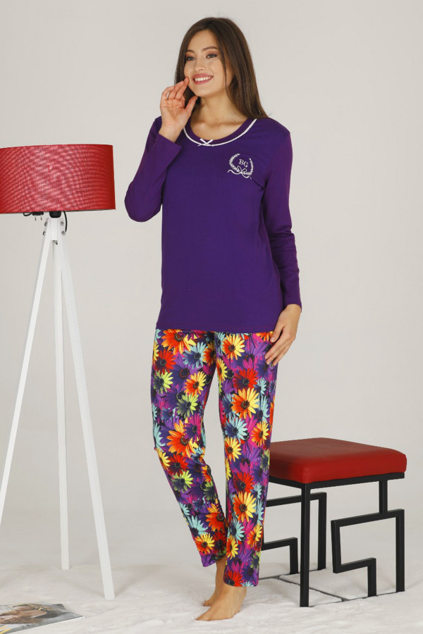 kadın mor renkli uzun kol modal kumaş pijama takımı - teknur 70323 uzun kollu modal pijama takımı, teknur-70323, bayan pijama takımı, Teknur
