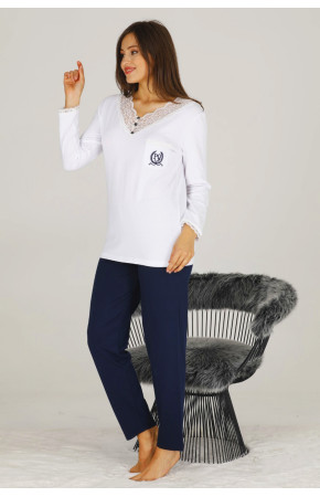 Kadın Beyaz - Lacivert Renkli Uzun Kol Modal Kumaş Pijama Takımı - Teknur 70527 Uzun Kollu Modal Pijama Takımı