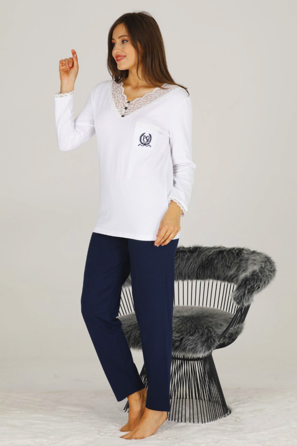 kadın beyaz - lacivert renkli uzun kol modal kumaş pijama takımı - teknur 70527 uzun kollu modal pijama takımı, teknur-70527, bayan pijama takımı, Teknur