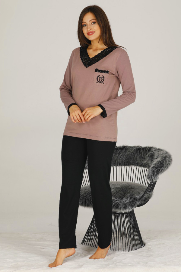 kadın kahverengi - siyah renkli uzun kol modal kumaş pijama takımı - teknur 70547 uzun kollu modal pijama takımı, teknur-70547, bayan pijama takımı, Teknur