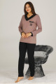 kadın kahverengi - siyah renkli uzun kol modal kumaş pijama takımı - teknur 70547 uzun kollu modal pijama takımı, teknur-70547, bayan pijama takımı