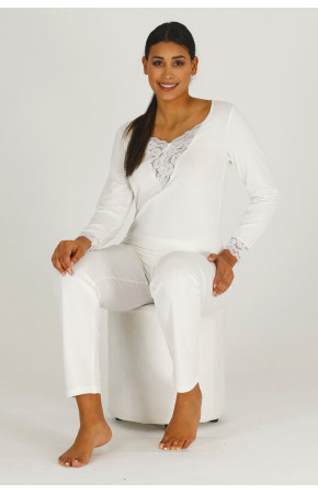 Kadın Beyaz Renkli Uzun Kol Modal Kumaş Pijama Takımı - Teknur 71269 Uzun Kollu Modal Pijama Takımı