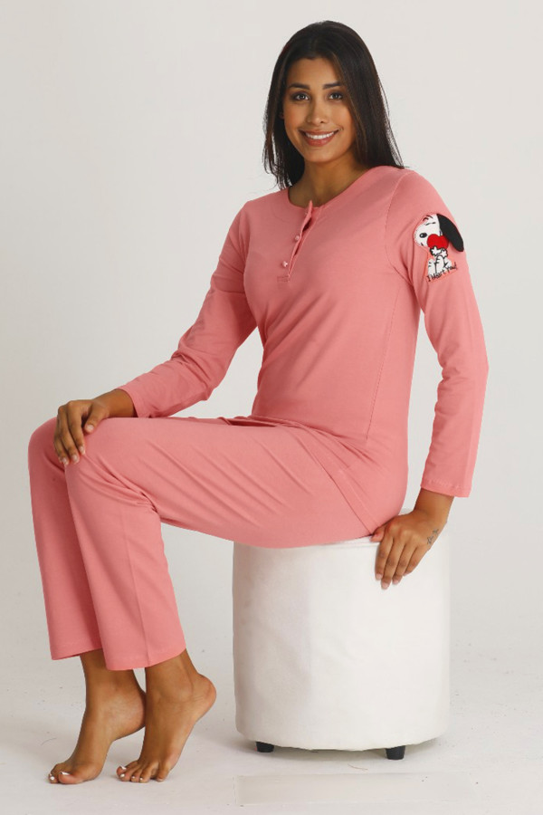 kadın pembe renkli uzun kol modal kumaş pijama takımı - teknur 71409 uzun kollu modal pijama takımı, teknur-71409, bayan pijama takımı