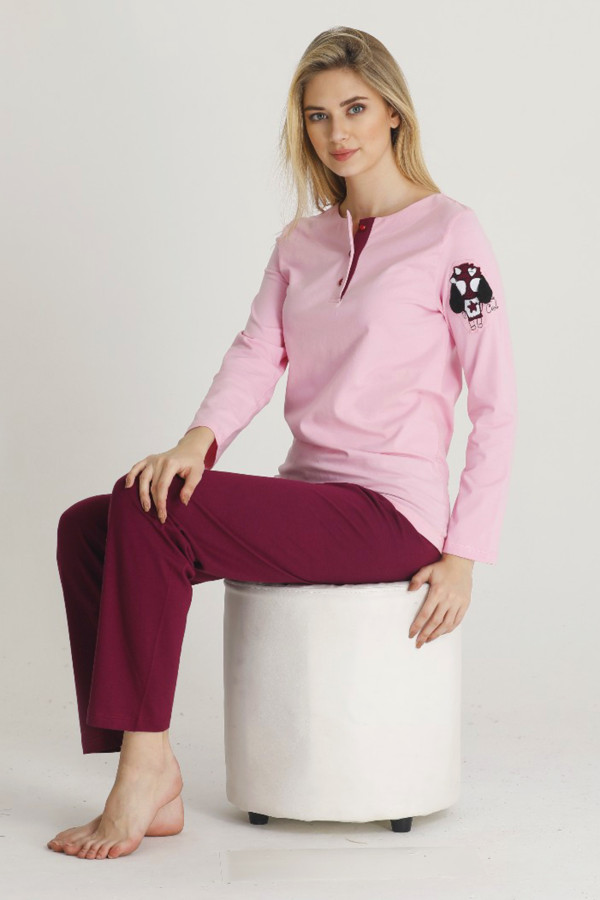 kadın pembe renkli uzun kol modal kumaş pijama takımı - teknur 71418 uzun kollu modal pijama takımı, teknur-71418, bayan pijama takımı, Teknur