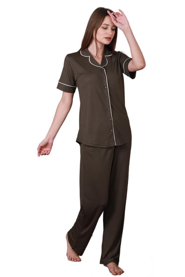 önden düğmeli blackmore 1211, 2 li koyu kahve renk kadın pijama takımı, elt00b1211-m, bayan pijama takımı, Blackmore