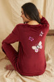 bordo renk kadife kumaş arkası kelebek desenli  teknur 52069 uzun kol kadın pijama takımı, teknur-52069, teknur pijama takımı, Teknur