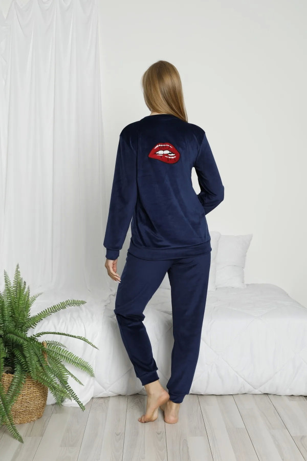 lacivert renk kadife kumaş arkası desenli teknur 52083 uzun kol kadın pijama takımı, teknur-52083, teknur pijama takımı, Teknur