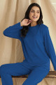 Mavi Renk Kadife Kumaş Önü Yazılı Teknur 52093 Uzun Kol Kadın Pijama Takımı