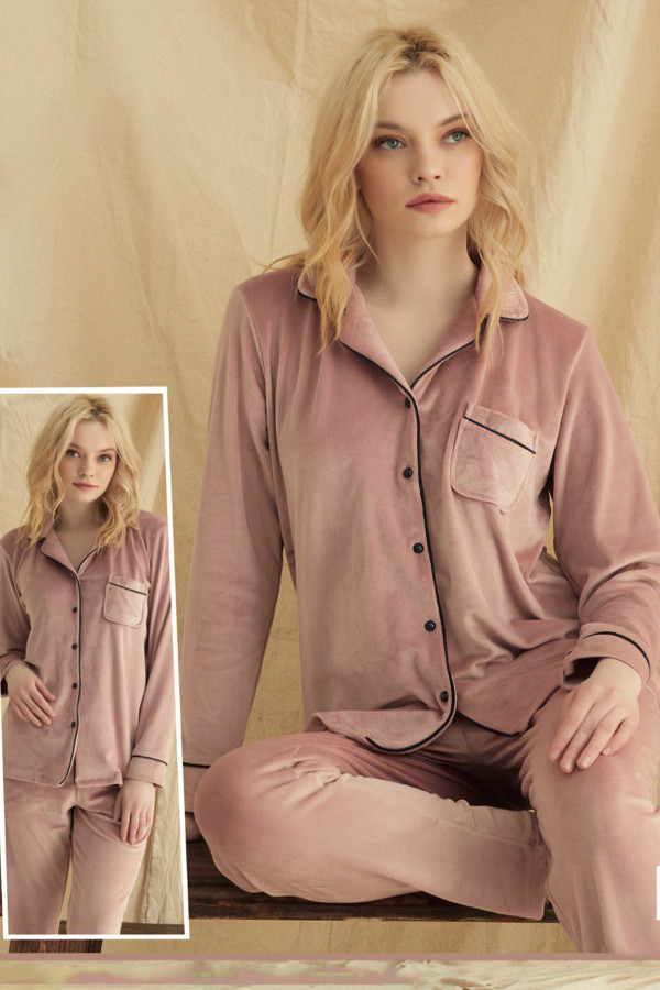 kadın gül kurusu renk kadife kumaş teknur 52104 uzun kol önden düğmeli pijama takımı, teknur-52104, teknur pijama takımı, Teknur