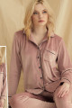 kadın gül kurusu renk kadife kumaş teknur 52104 uzun kol önden düğmeli pijama takımı, teknur-52104, teknur pijama takımı, Teknur