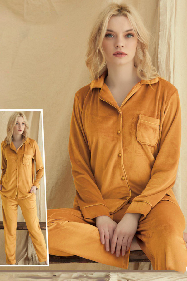 kadın sarı renk kadife kumaş teknur 52105 uzun kol önden düğmeli pijama takımı, teknur-52105, teknur pijama takımı, Teknur
