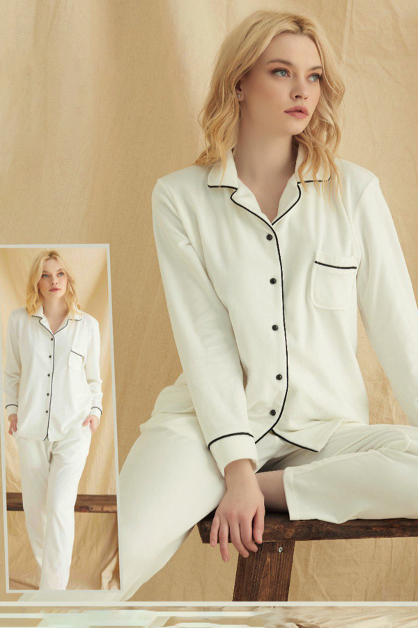 kadın beyaz renk kadife kumaş teknur 52107 uzun kol önden düğmeli pijama takımı, teknur-52107, teknur pijama takımı, Teknur