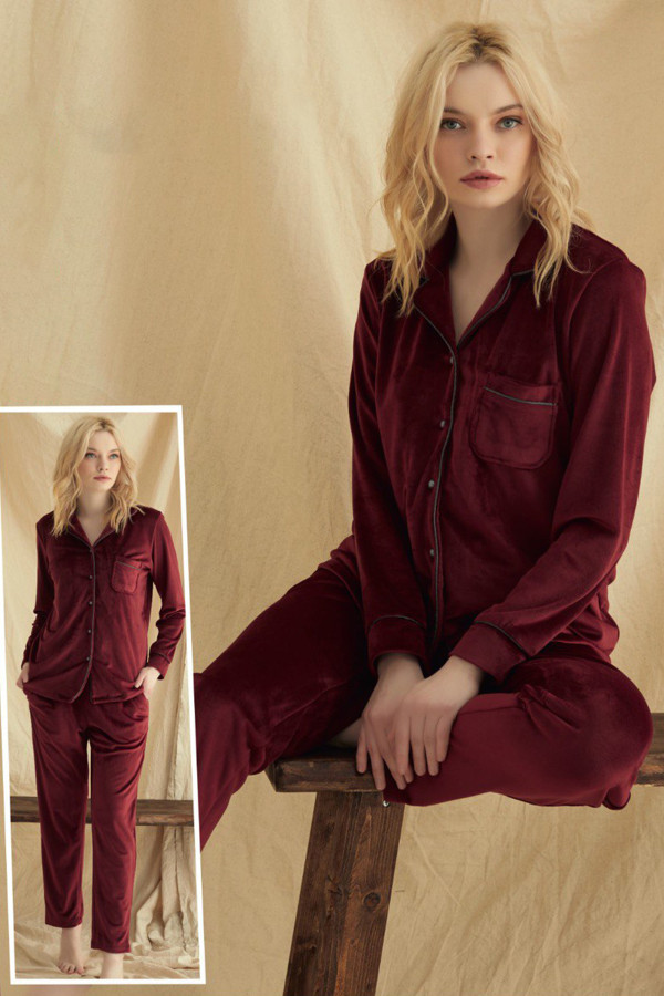 kadın bordo renk kadife kumaş teknur 52108 uzun kol önden düğmeli pijama takımı, teknur-52108, teknur pijama takımı, Teknur
