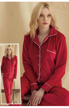 Kadın Kırmızı Renk Kadife Kumaş Teknur 52109 Uzun Kol Önden Düğmeli Pijama Takımı