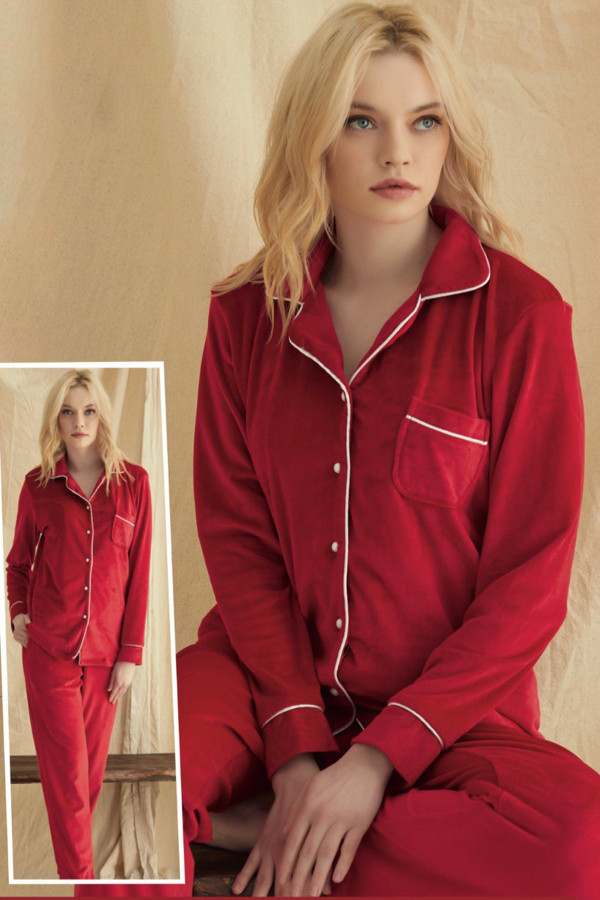 kadın kırmızı renk kadife kumaş teknur 52109 uzun kol önden düğmeli pijama takımı, teknur-52109, teknur pijama takımı, Teknur