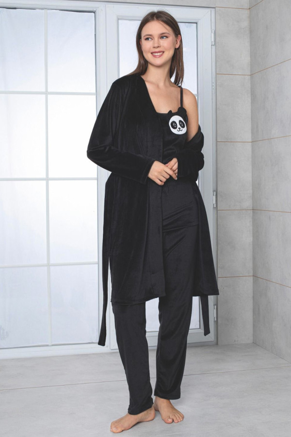 siyah renk panda resimli kadife kumaş  teknur 52152 askılı kol ve sabahlıklı kadın pijama takımı, teknur-52152, teknur pijama takımı, Teknur