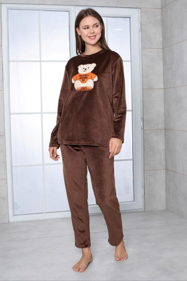 kadife kumaş teknur 52162 kahverengi kadın uzun kol pijama takımı, tknr-52162, bayan pijama takımı, Teknur