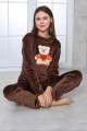 kadife kumaş teknur 52162 kahverengi kadın uzun kol pijama takımı, tknr-52162, bayan pijama takımı, Teknur