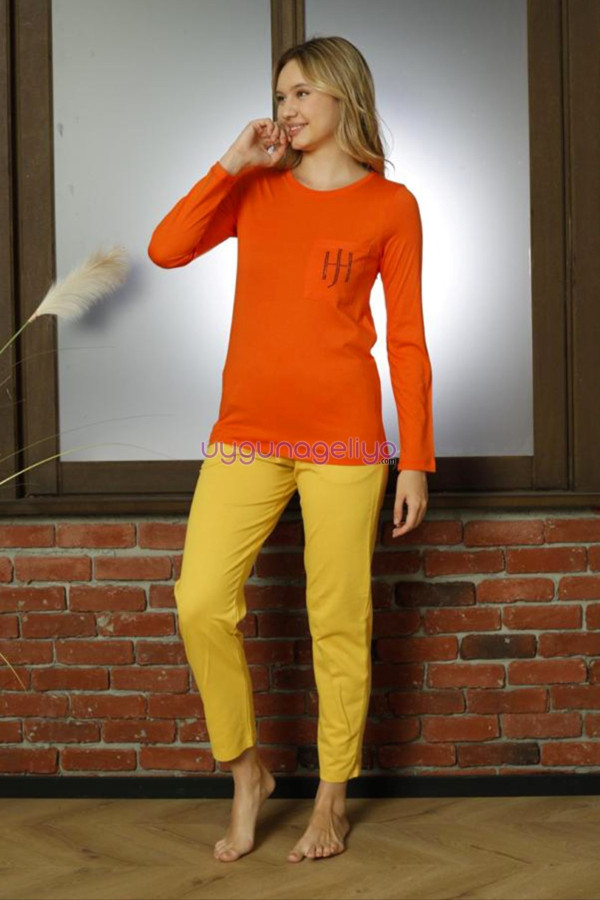 turuncu renk teknur 16957 uzun kol modal kumaş kadın pijama takımı, teknur-16957, teknur pijama takımı, Teknur