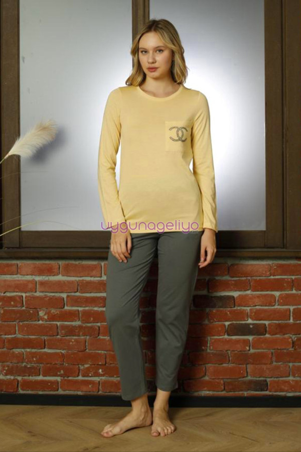 sarı renk teknur 16959 uzun kol modal kumaş kadın pijama takımı, teknur-16959, teknur pijama takımı, Teknur