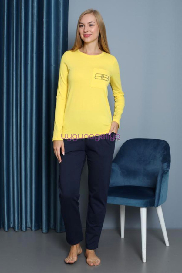 sarı renk teknur 16962 uzun kol modal kumaş kadın pijama takımı, teknur-16962, teknur pijama takımı, Teknur