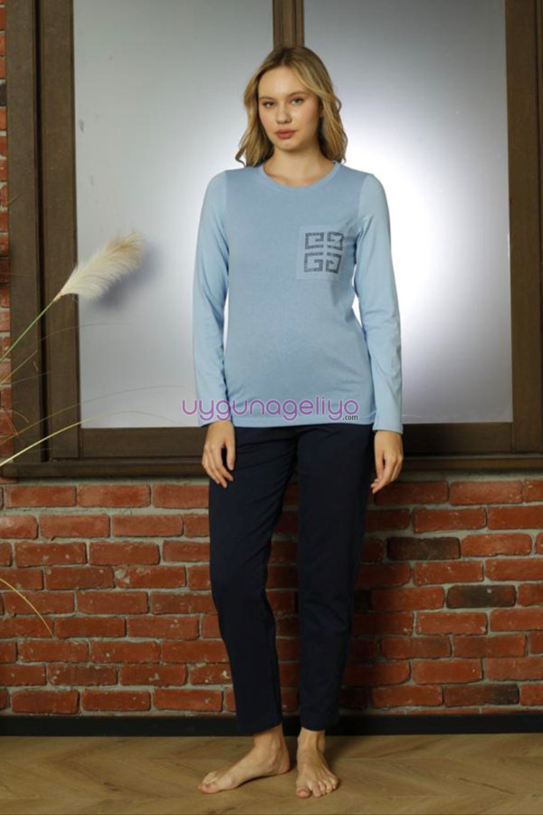 mavi renk teknur 16963 uzun kol modal kumaş kadın pijama takımı, teknur-16963, teknur pijama takımı, Teknur