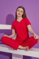 kırmızı renk v yaka teknur 2301 kısa kol pamuklu kumaş kadın pijama takımı, tknr-2301, bayan pijama takımı