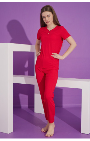 Kırmızı Renk V Yaka Teknur 2301 Kısa Kol Pamuklu Kumaş Kadın Pijama Takımı