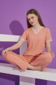 turuncu renk v yaka teknur 2304 kısa kol modal kumaş kadın pijama takımı, tknr-2304, bayan pijama takımı, Teknur