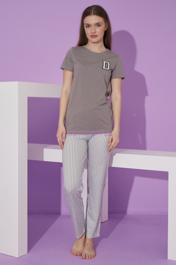 gri renk ve çizgili desen teknur 76101 kısa kol modal kumaş kadın pijama takımı, tknr-76101, bayan pijama takımı, Teknur