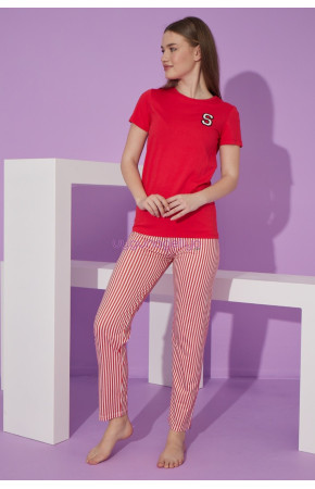 Kırmızı Renk ve Çizgili Desen Teknur 76103 Kısa Kol Modal Kumaş Kadın Pijama Takımı