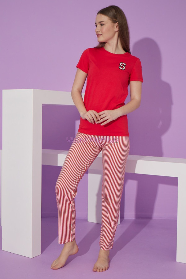 kırmızı renk ve çizgili desen teknur 76103 kısa kol modal kumaş kadın pijama takımı, tknr-76103, bayan pijama takımı, Teknur