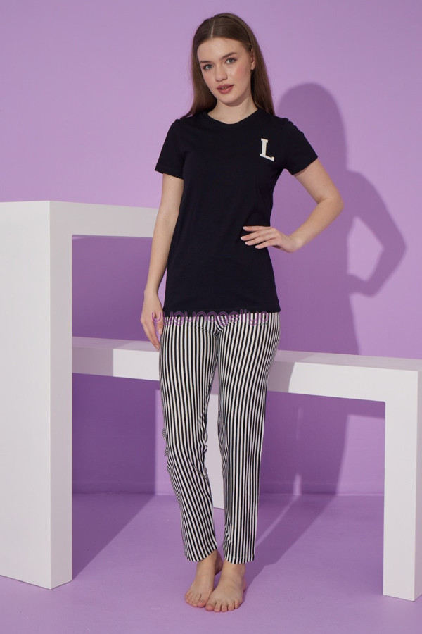 siyah renk ve çizgili desen teknur 76104 kısa kol modal kumaş kadın pijama takımı, tknr-76104, bayan pijama takımı, Teknur