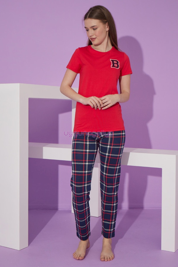 kırmızı renk ve ekose desen teknur 76107 kısa kol modal kumaş kadın pijama takımı, tknr-76107, bayan pijama takımı, Teknur