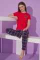 kırmızı renk ve ekose desen teknur 76107 kısa kol modal kumaş kadın pijama takımı, tknr-76107, bayan pijama takımı, Teknur