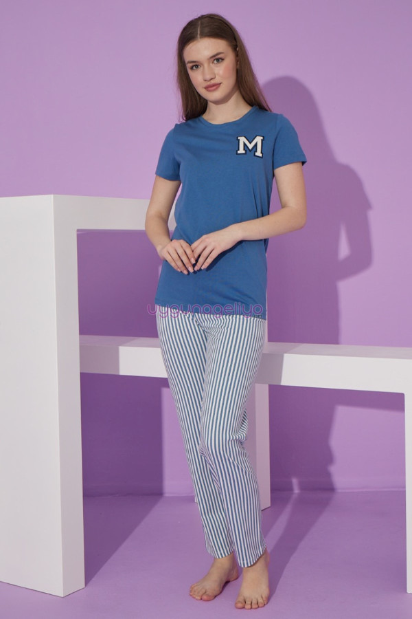 koyu mavi renk ve çizgili desen teknur 76108 kısa kol modal kumaş kadın pijama takımı, tknr-76108, bayan pijama takımı, Teknur