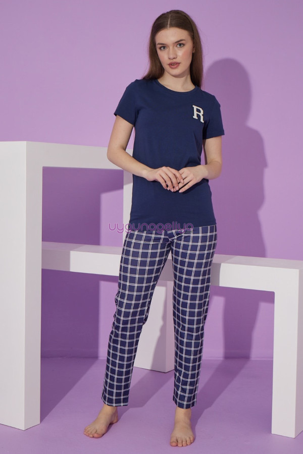 lacivert renk ve ekose desen teknur 76114 kısa kol modal kumaş kadın pijama takımı, tknr-76114, bayan pijama takımı, Teknur